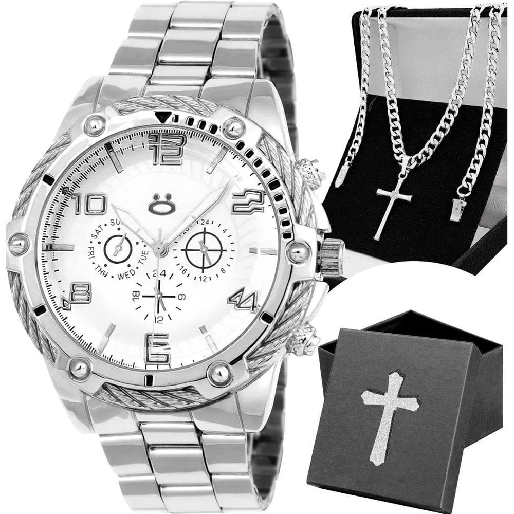 Relogio Masculino Prata + Cordao Grumet Crucifixo Presente