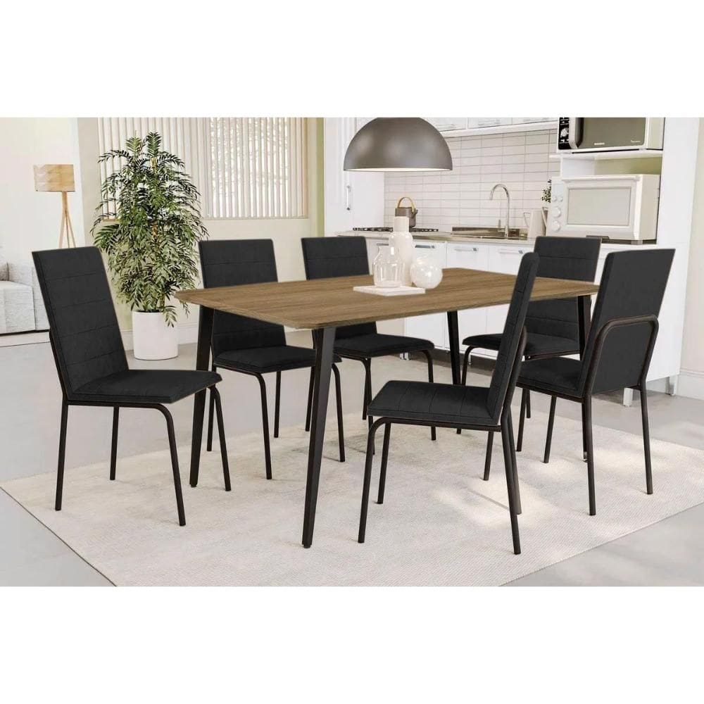 Sala de Jantar Completa Iguaçu c/ Tampo de Madeira 1,36cm e 6 Cadeiras Amsterdã Preto Fosco/Corano Preto 110 - Kappesberg