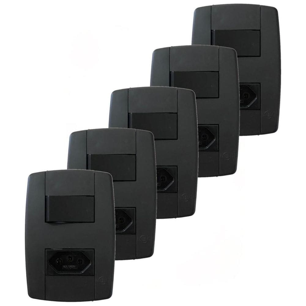 Kit 5 Conjunto Interruptor Simples + Tomada 10A 250V Preta