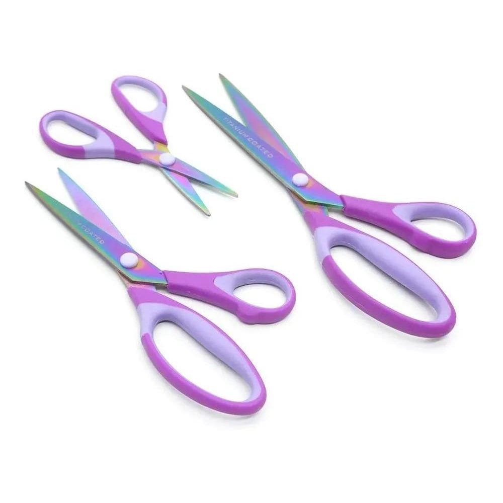 2X Kit 3 Tesoura Titânio Titanium Emborrachada Corte Costura