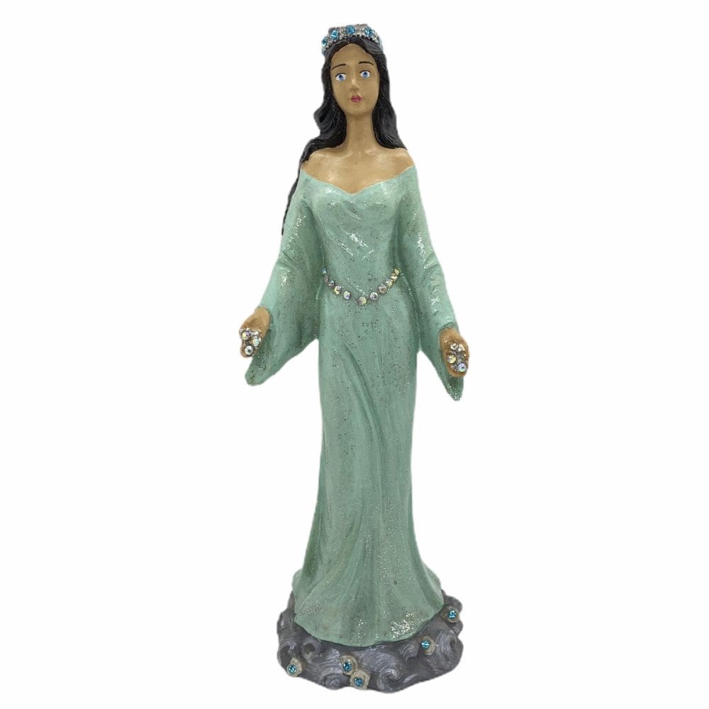 Escultura Iemanjá 27 Cm Umbanda Manto Verde Água Em Resina