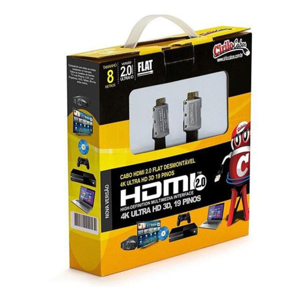 Cabo Hdmi 2.0 Flat Desmontável Ultra Hd 3D, 4K - 8 Metros