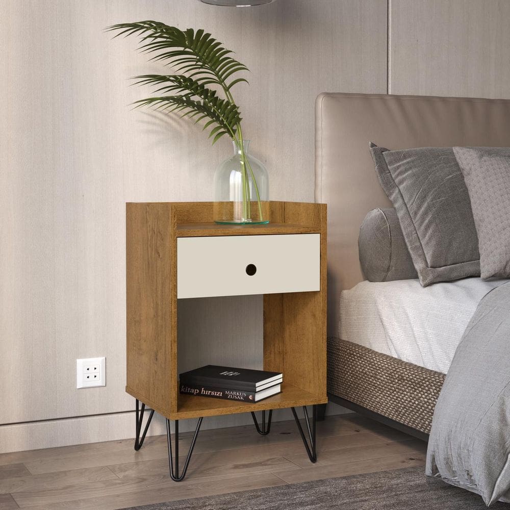 Mesa Cabeceira Gab Estilo Retrô Pés Ferro Freijó Off White C