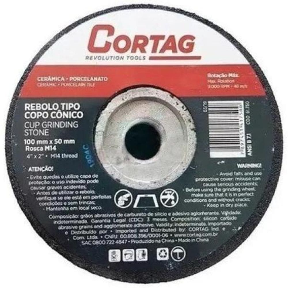 Rebolo Tipo Copo Cônico 100X50Mm M14 Grão 80 - Cortag