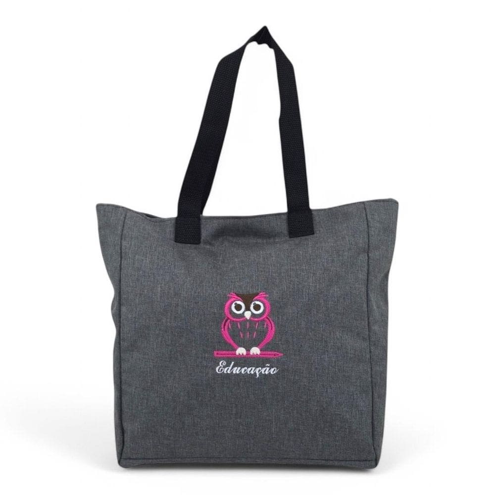 Bolsa Feminina Professora Educação Cinza Mescla Coruja Pink