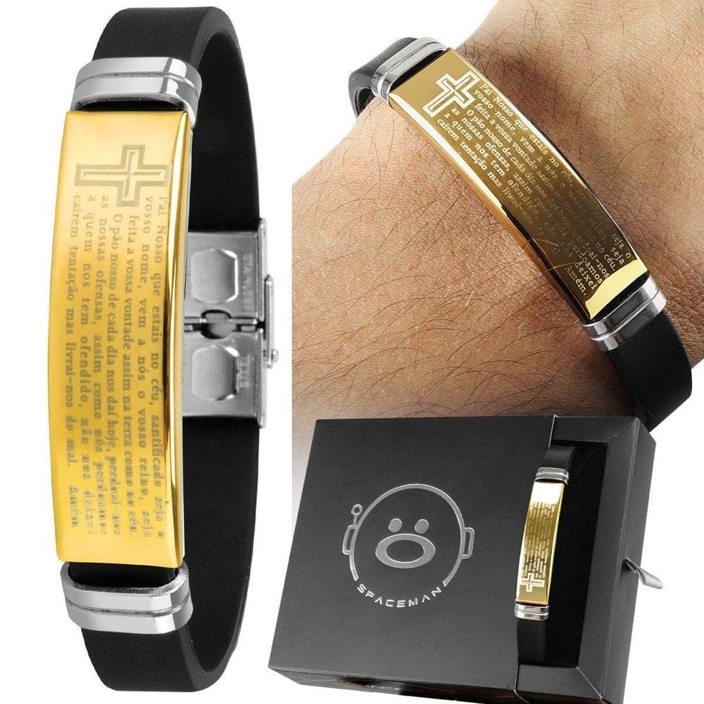 Pulseira Banhada Pai Nosso Ouro Aço Placa Masculina +Caixa