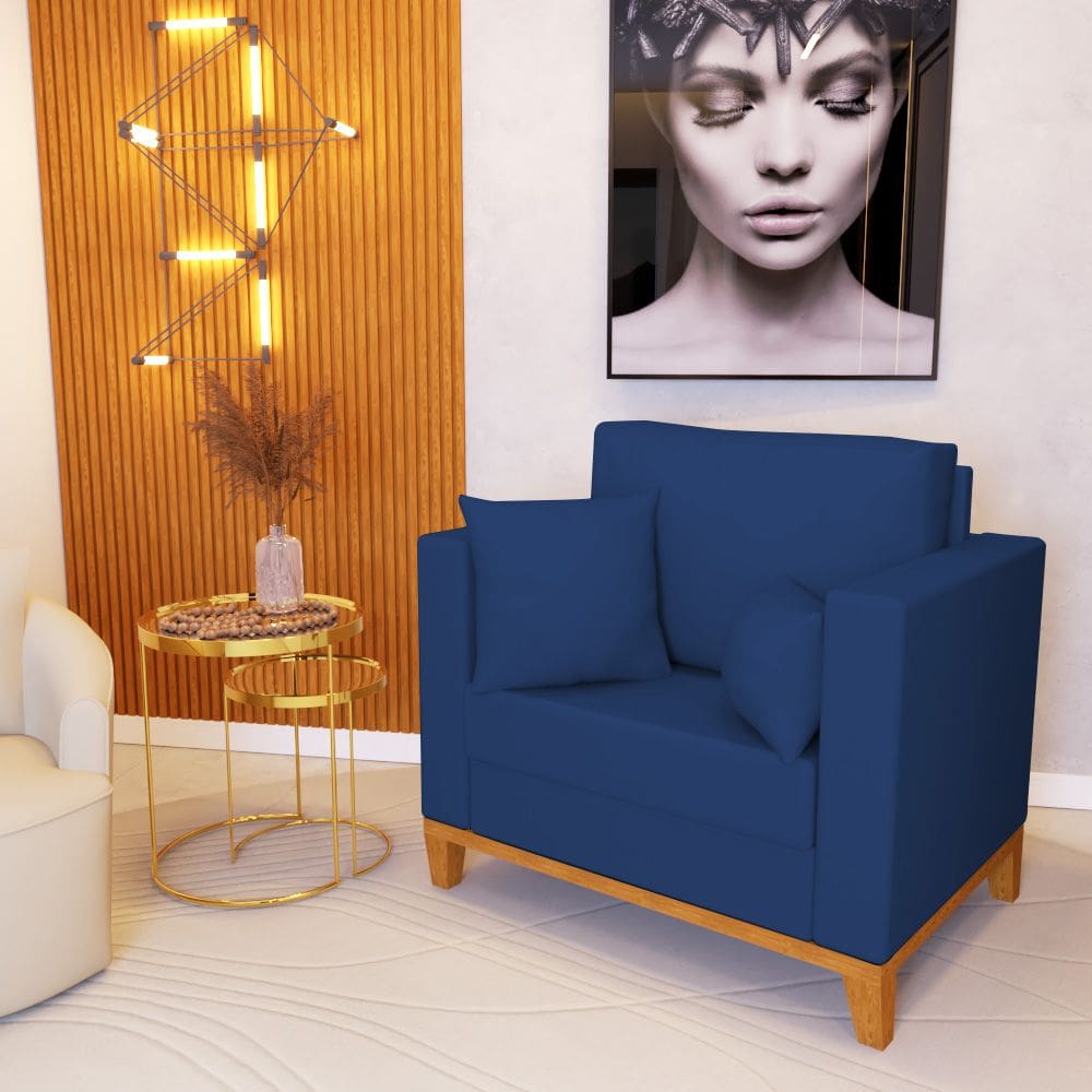 Poltrona Beny para Recepção com 2 Almofadas Veludo Azul Base em Madeira Maciça