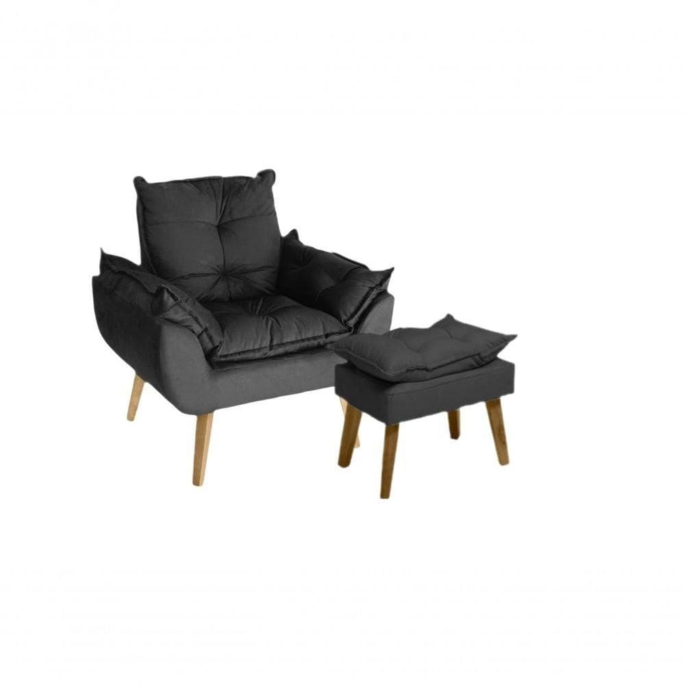 Poltrona/cadeira Decorativa E Puff Glamour Opala Com Pés Quadrado Preto