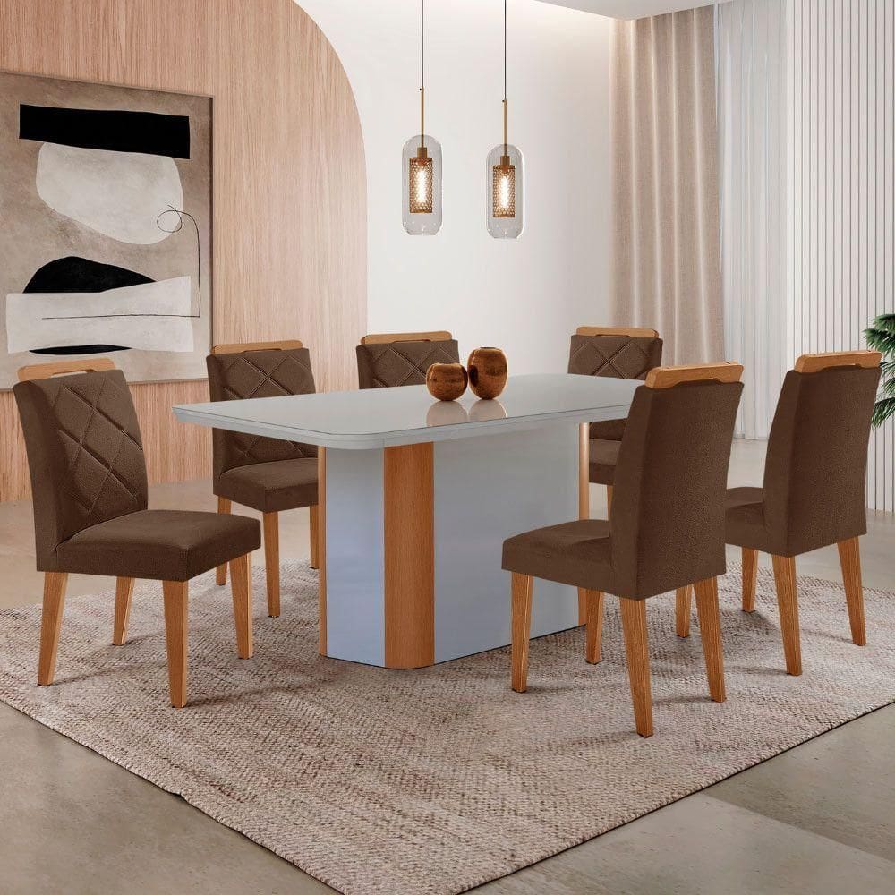 Mesa Isadora 180cm Mdf Vidro E 6 Cadeiras Melissa Vel Marrom /off /naturale /serig Off Com Vidro