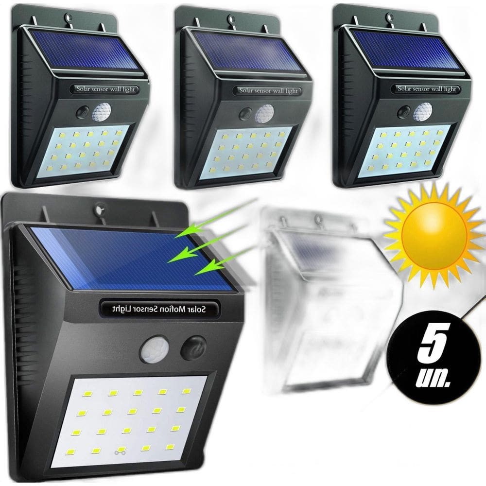 Kit 5 Luminárias Solar Led Branco Iluminação Forte Sensor