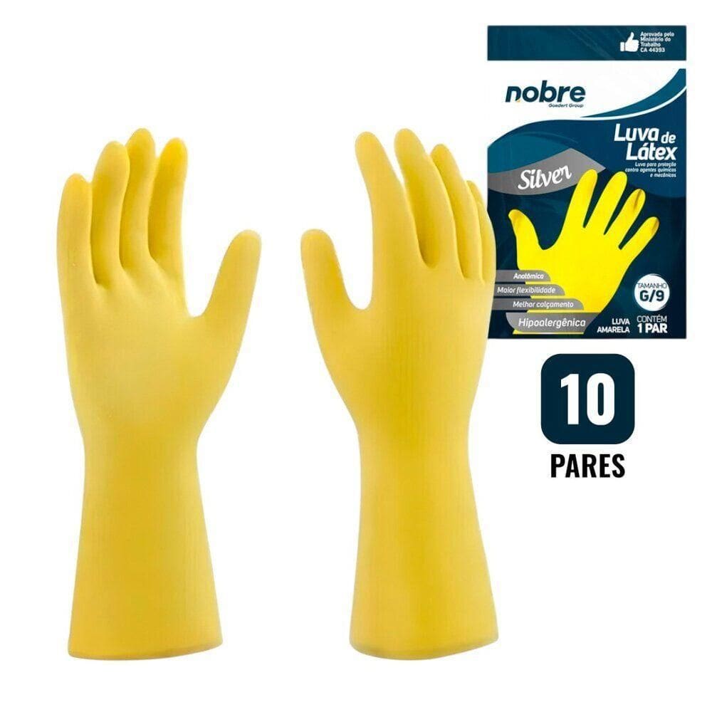 Kit 10 Pares De Luvas Nobre Borracha-látex Hipoalergênica G Amarela Nobre Silver Louças Cozinha