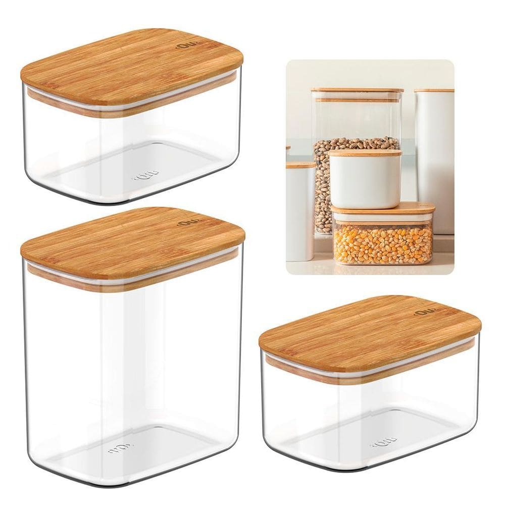 Kit 3 Potes Herméticos Com Tampa De Bambu 0,65L, E 1,5L