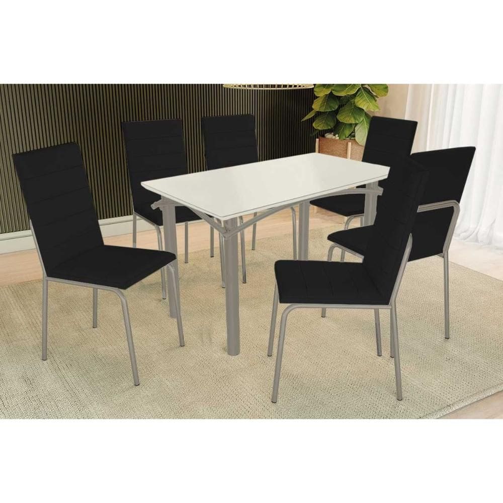 Sala de Jantar Completa Elba Tampo Madeirado c/ Vidro 120cm e 6 Cadeiras Amsterdã Niquel/Off White - Corano Preto - Kappesberg