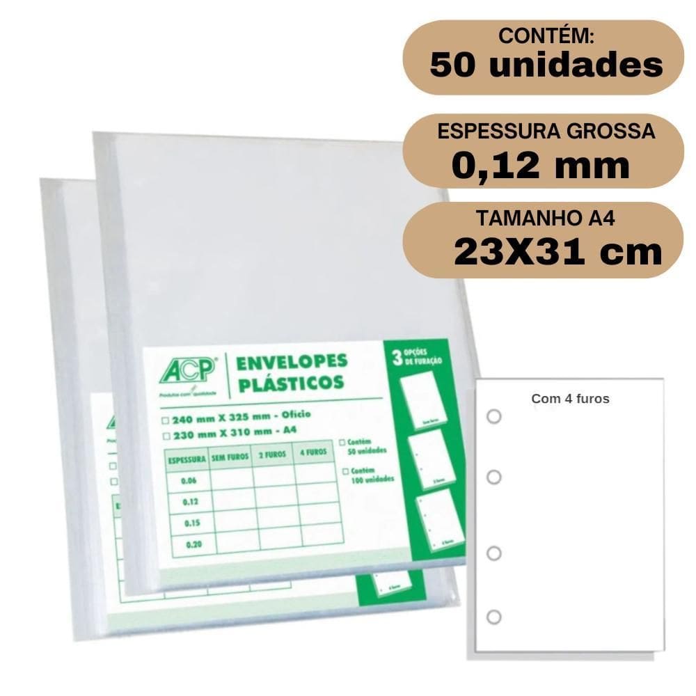 Envelope Saco Plástico A4 Acp 0,12Mm 4 Furos C/50