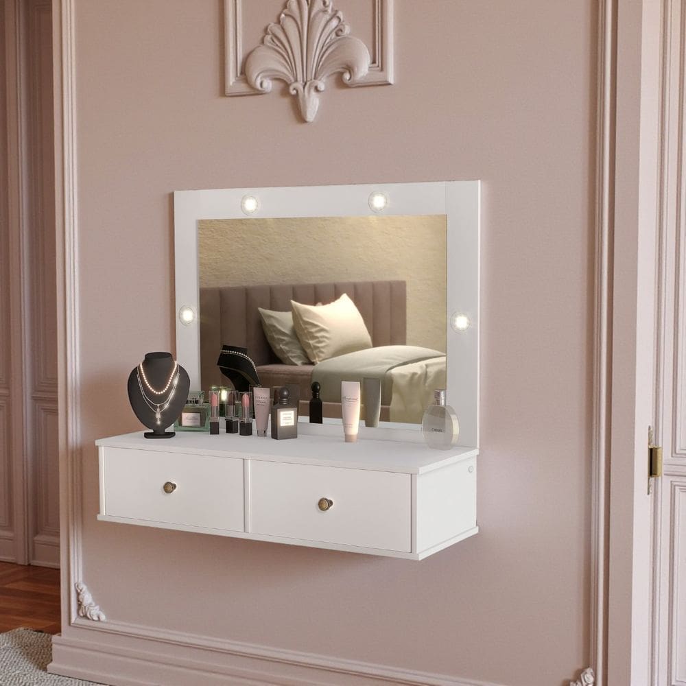 Penteadeira Com Espelho e Luz Estilo Suspenso 2 Gavetas Isis