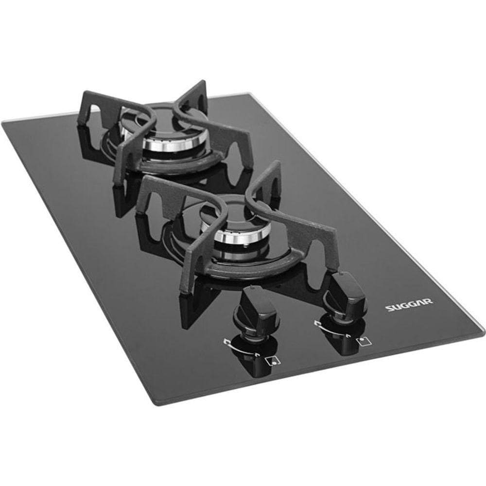 Fogão De Mesa Cooktop 2 Bocas Vidro Preto À Gás Suggar FG2002FVP Bivolt