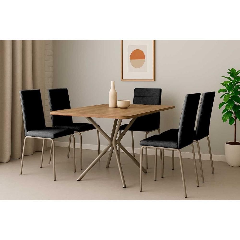 Sala de Jantar Completa Loire c/ Tampo de Madeira 1.60cm + 6 Cadeiras Amsterdã Niquel/Preto - Kappesberg