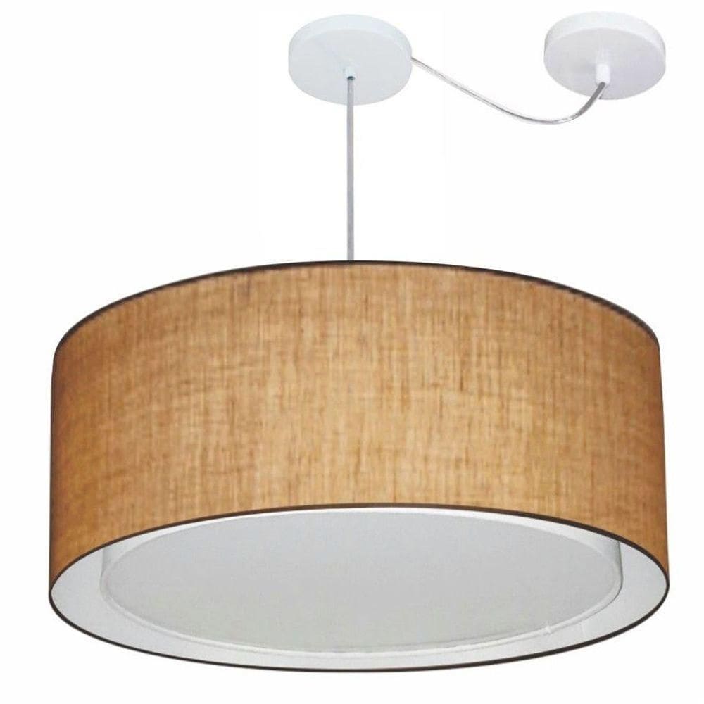 Lustre Pendente Cilíndrico Com Desvio De Centro Vivare Md-4311 Cúpula Em Tecido 60x30cm - Bivolt Palha 127/220v