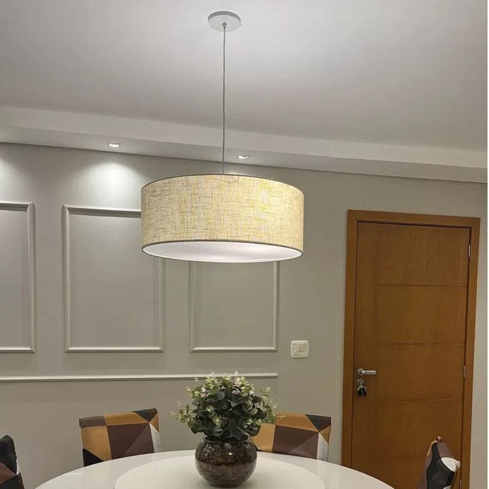 Lustre Pendente Cilíndrico Md-4049 Cúpula Em Tecido 50x21cm Rustico Bege - Bivolt