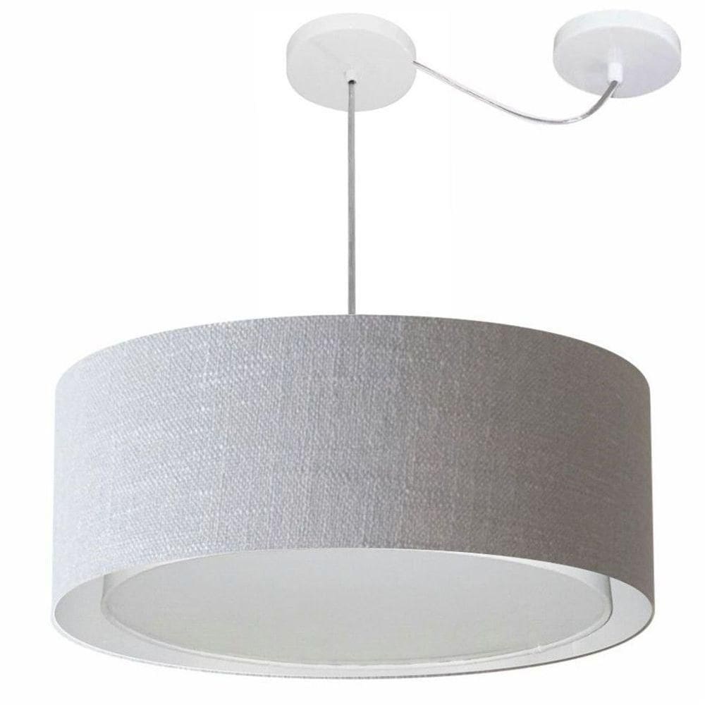 Lustre Pendente Cilíndrico Com Desvio De Centro Vivare Md-4317 Cúpula Em Tecido 60x25cm - Bivolt Rustico-cinza 127/220v