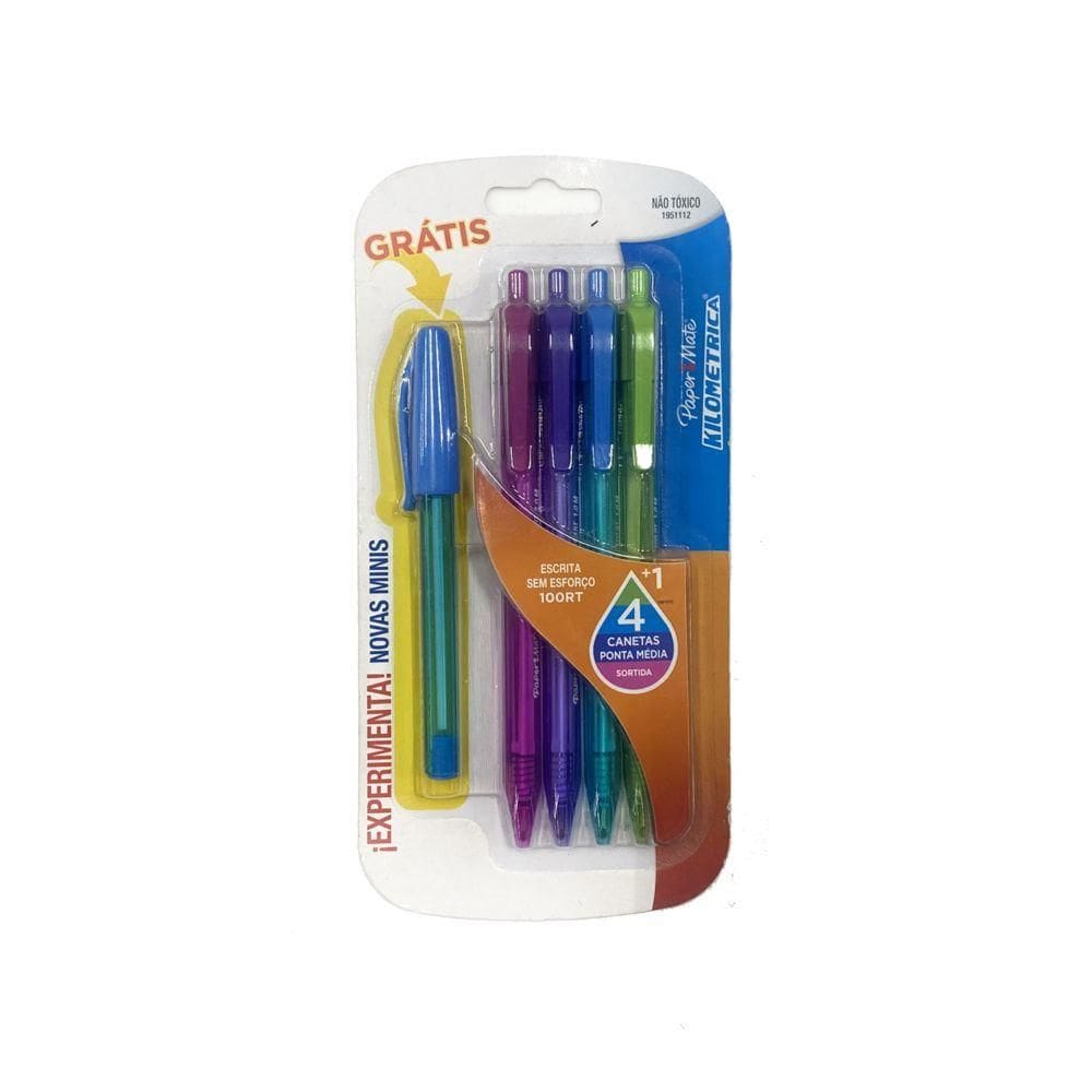 Kit 05 Canetas Esferográfica Kilométrica 1.0Mm - Paper Mate