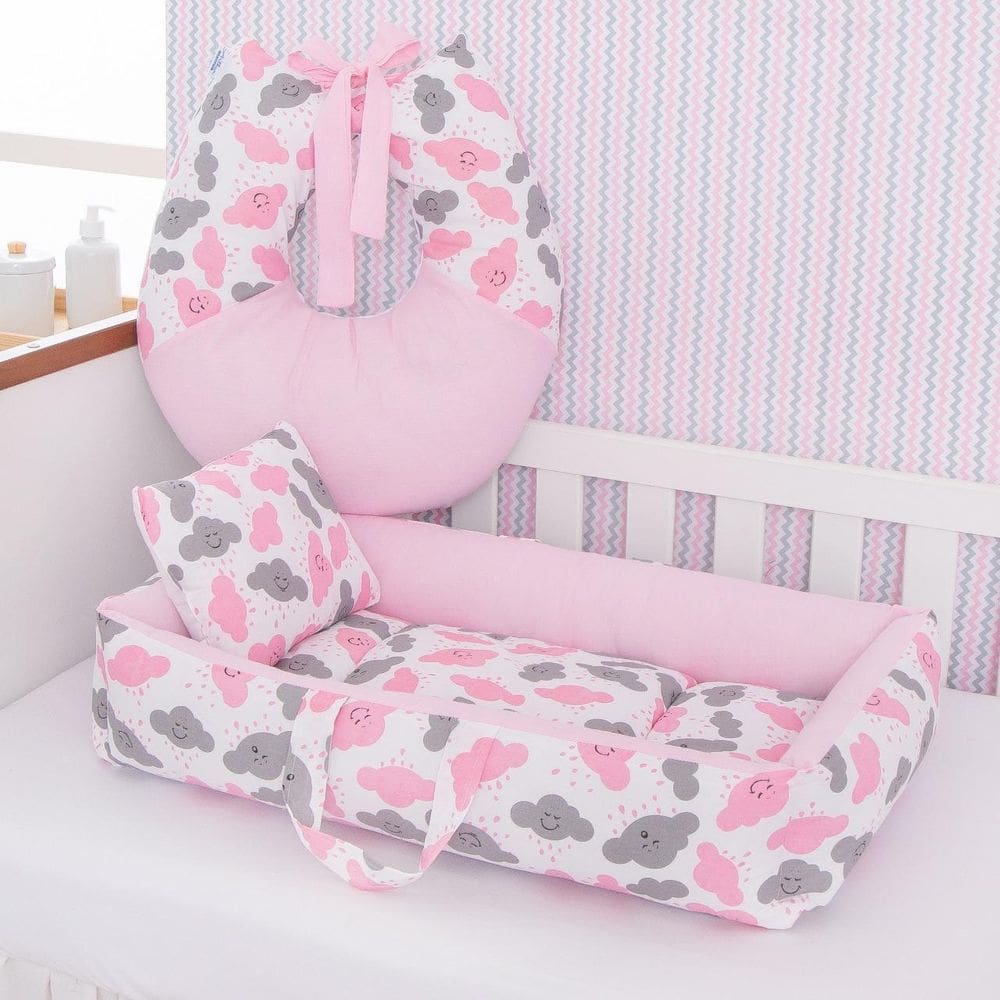 Kit Ninho Redutor + Almofada Amamentação Bebê Nuvem Rosa