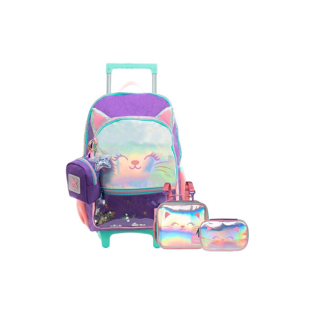 Kit Escolar Mochila Rodinha+Lancheira+Estojo Gatinho Glitter
