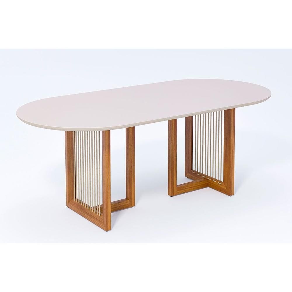 Mesa de Sala Jantar Régia Natuame c/ Tampo Madeirado Vidro Oval 210x100cm Carvalho/Off White - Cimol