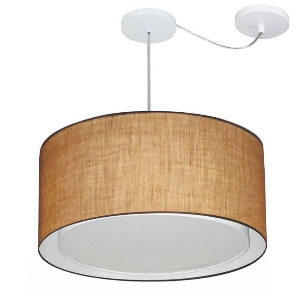 Lustre Pendente Cilíndrico Com Desvio Md-4315 Cúpula Em Tecido 50x30cm Palha - Bivolt