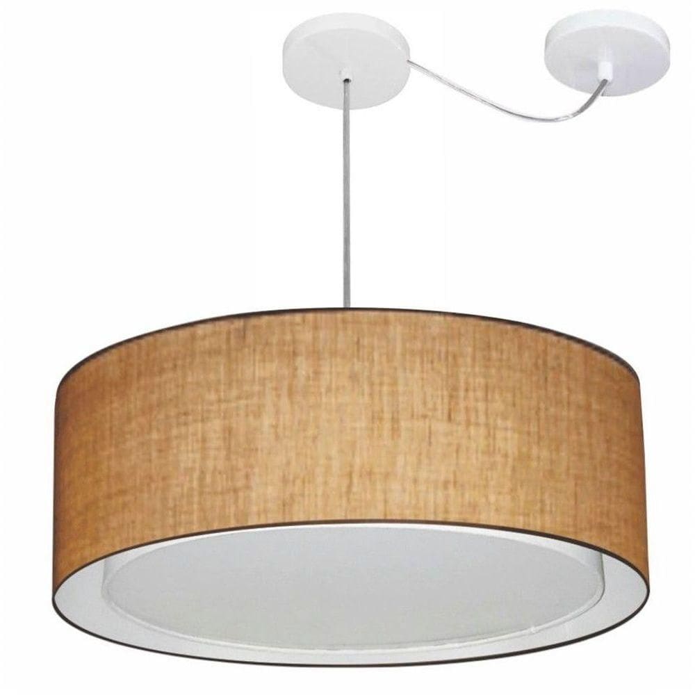 Lustre Pendente Cilíndrico Com Desvio De Centro Vivare Md-4317 Cúpula Em Tecido 60x25cm - Bivolt Palha 127/220v