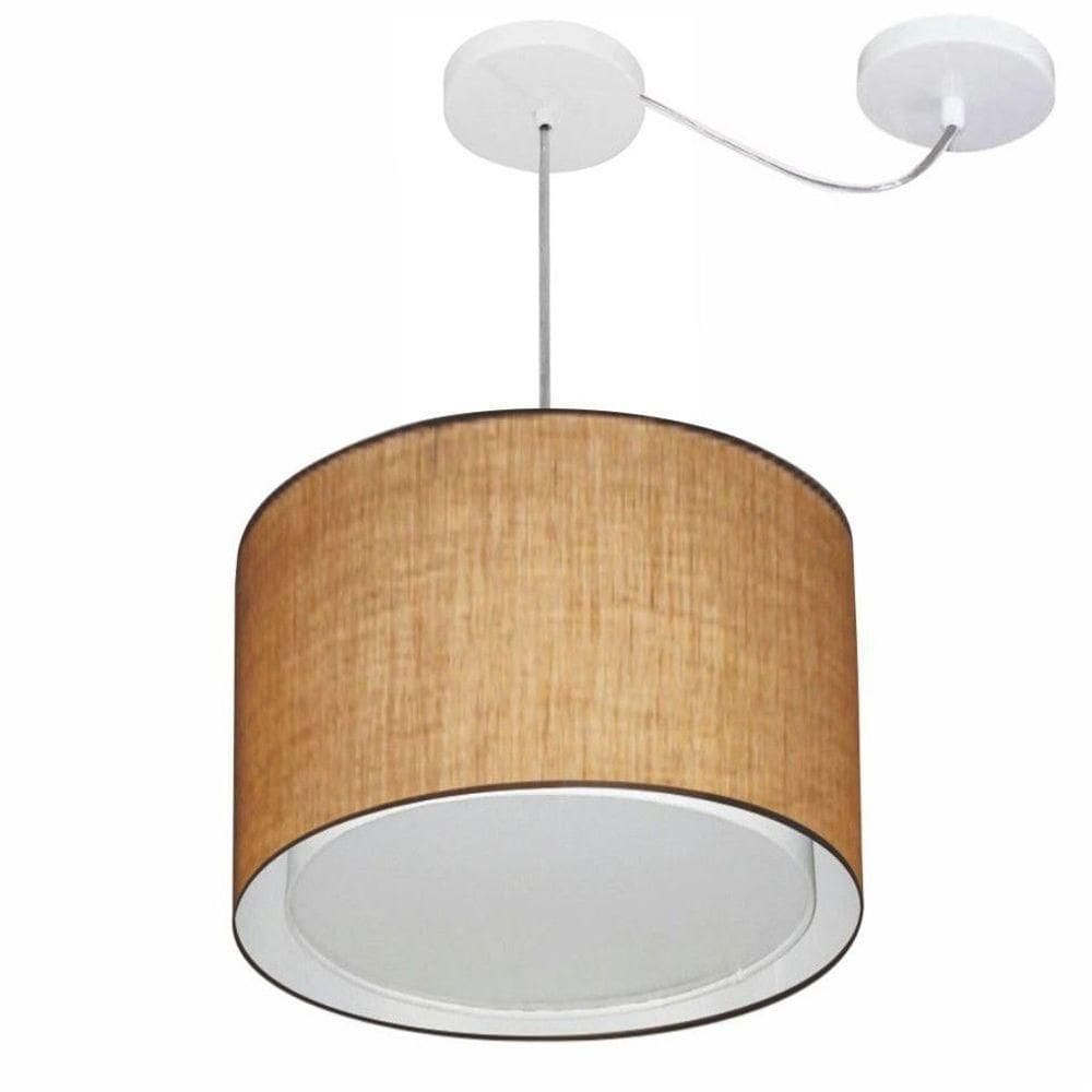 Lustre Pendente Cilíndrico Com Desvio Md-4306 Cúpula Em Tecido 40x30cm Palha - Bivolt