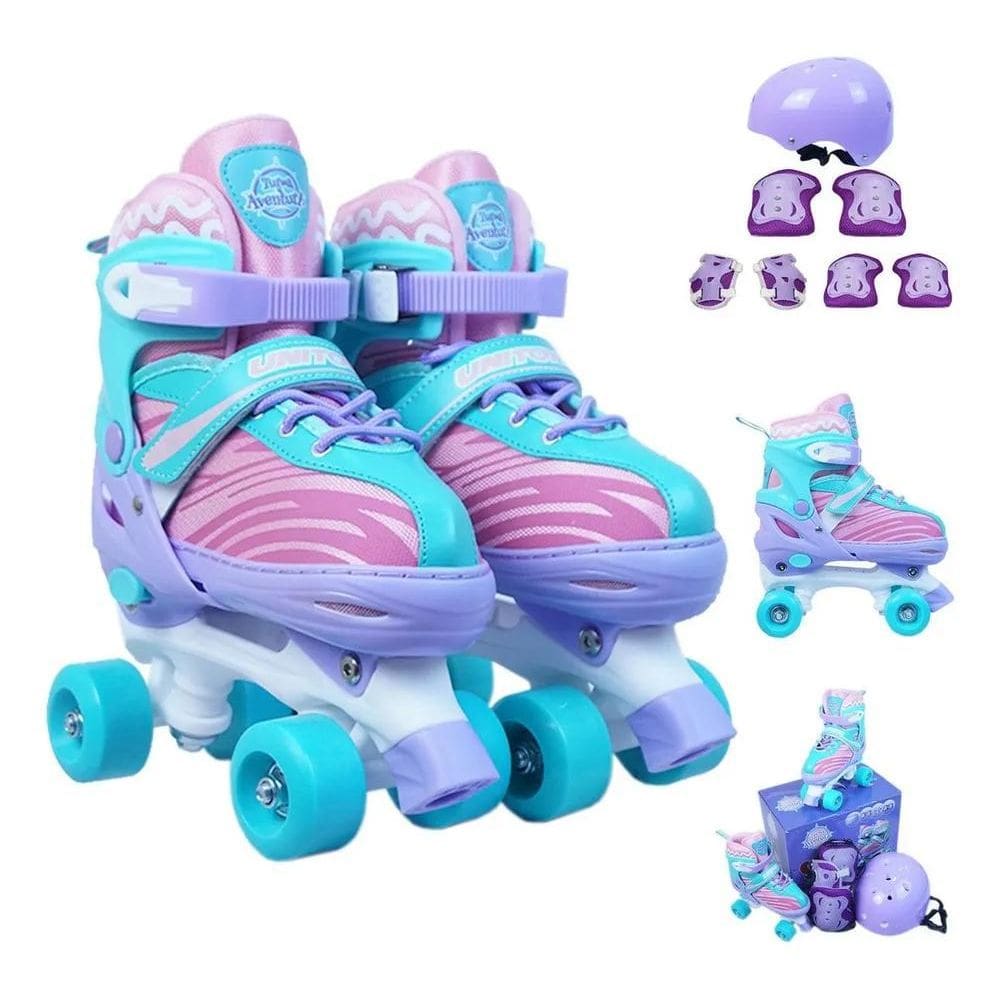 2X Roller Patins Infantil Quad 4 Rodas + Kit Proteção Capace