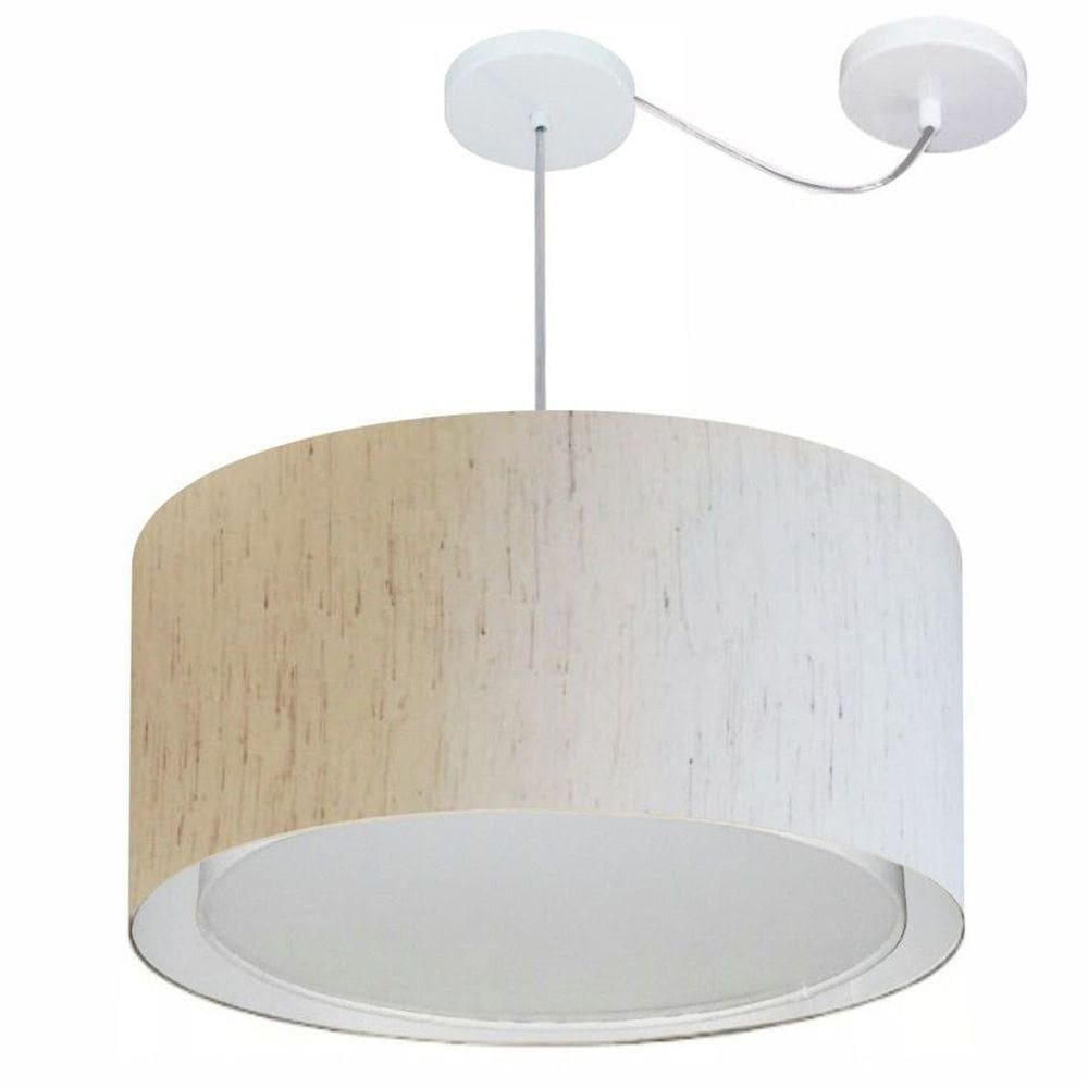 Lustre Pendente Cilíndrico Com Desvio De Centro Vivare Md-4309 Cúpula Em Tecido 55x30cm - Bivolt Linho Bege 127/220v