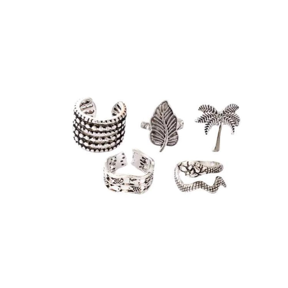 Anel Conjunto 5 Peças Folha Serpente Peixe Fecho Ajustável