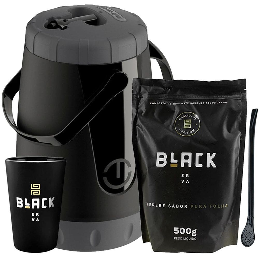 Kit Tereré Black Erva Garrafa Lisa Cuia E Erva Pura Folha
