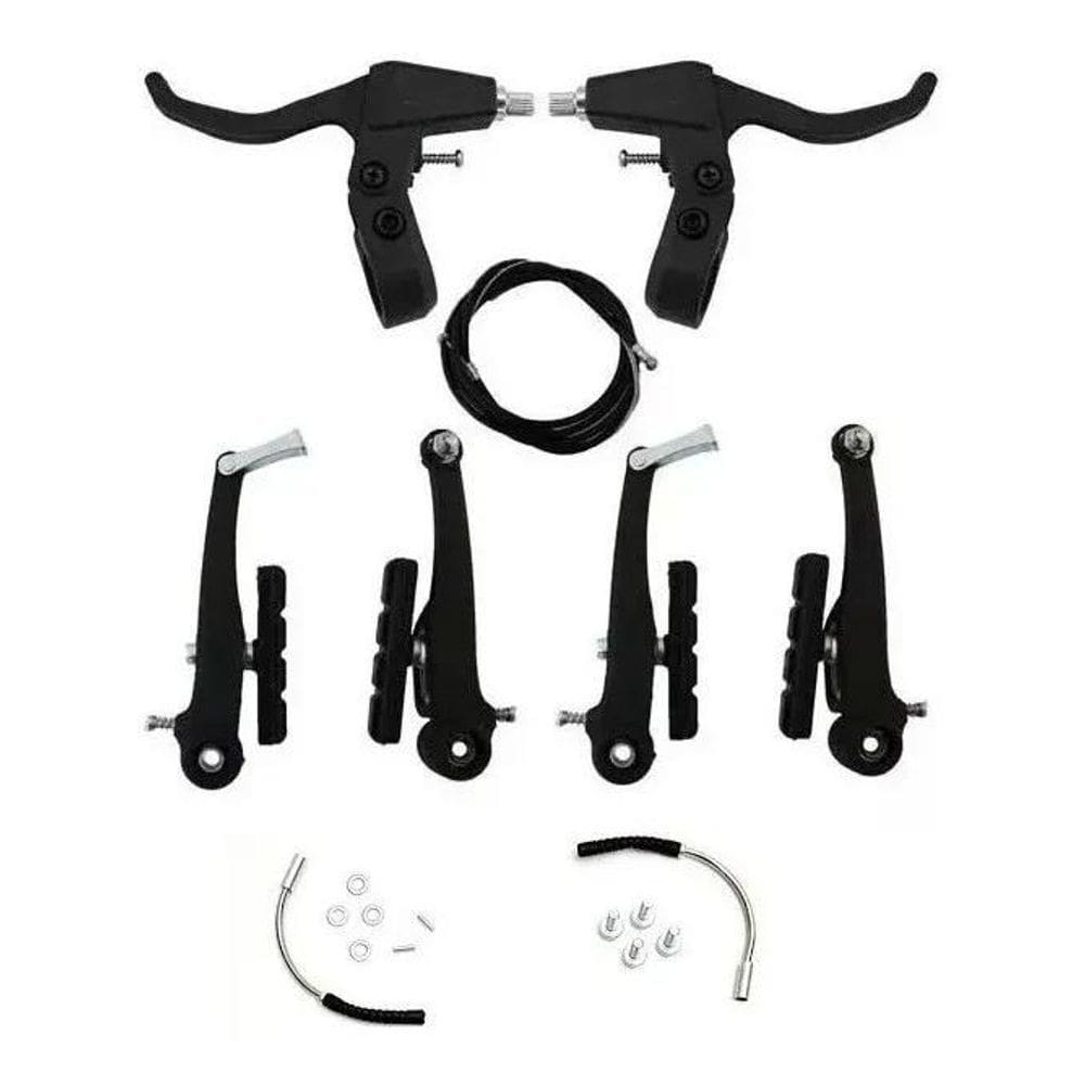 2X Freio V-Brake Em Nylon Preto Mtb Bike Com Manete E Cabos