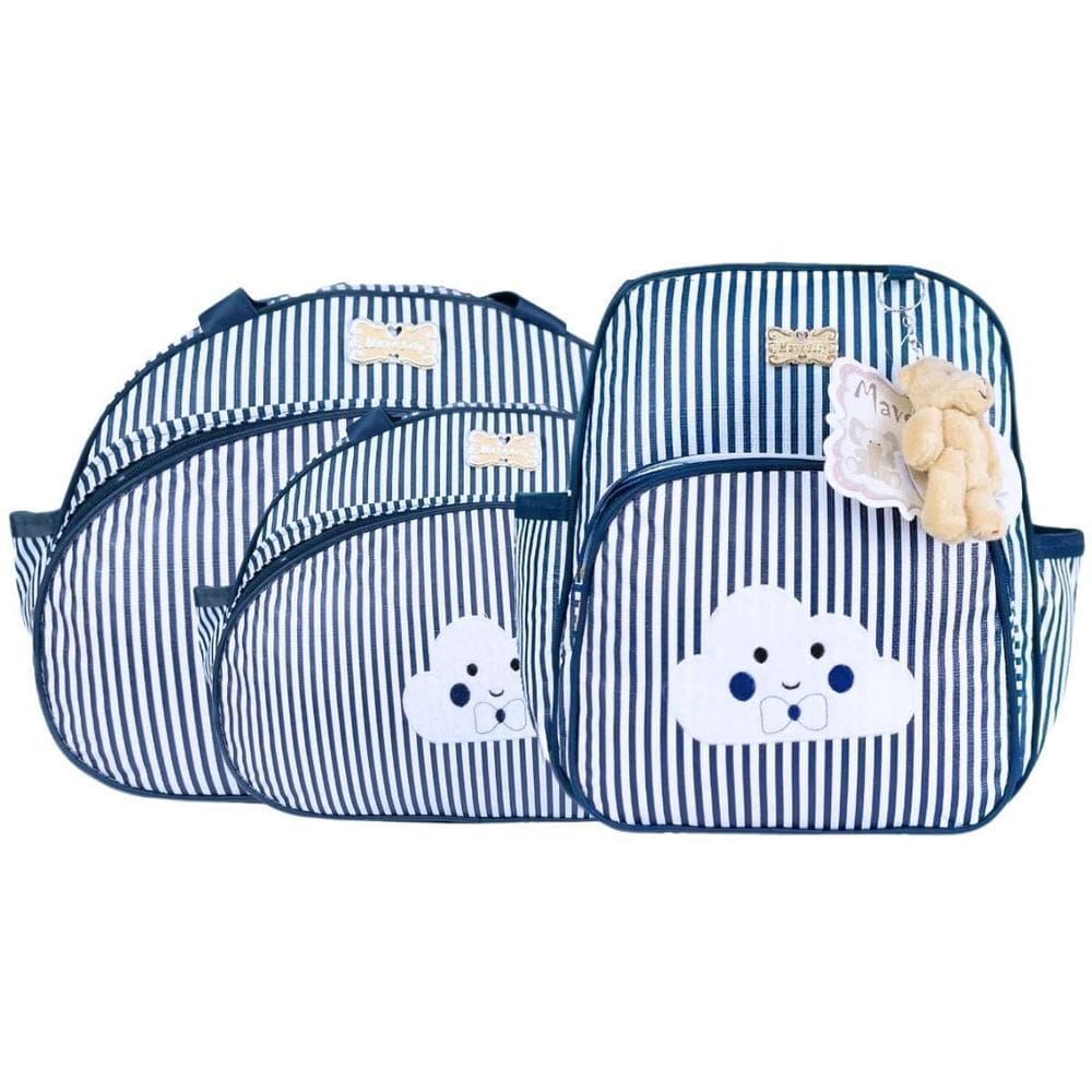 Kit Bolsas E Mochila Listrada Bebê Mave Baby Azul Marinho