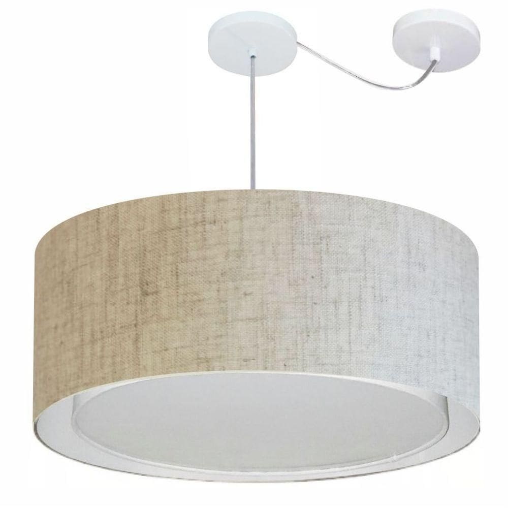 Lustre Pendente Cilíndrico Com Desvio De Centro Vivare Md-4311 Cúpula Em Tecido 60x30cm - Bivolt Rustico-bege 127/220v