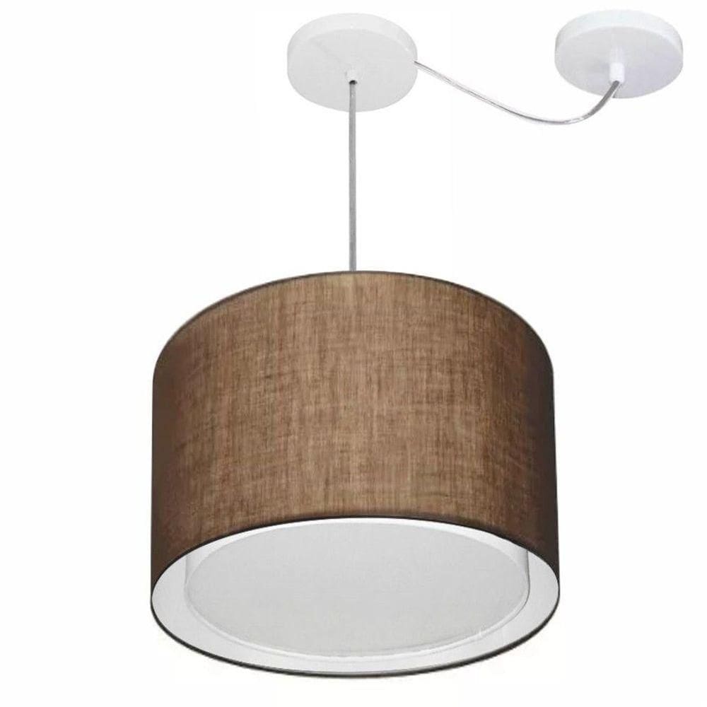 Lustre Pendente Cilíndrico Com Desvio De Centro Vivare Md-4306 Cúpula Em Tecido 40x30cm - Bivolt Café 127/220v