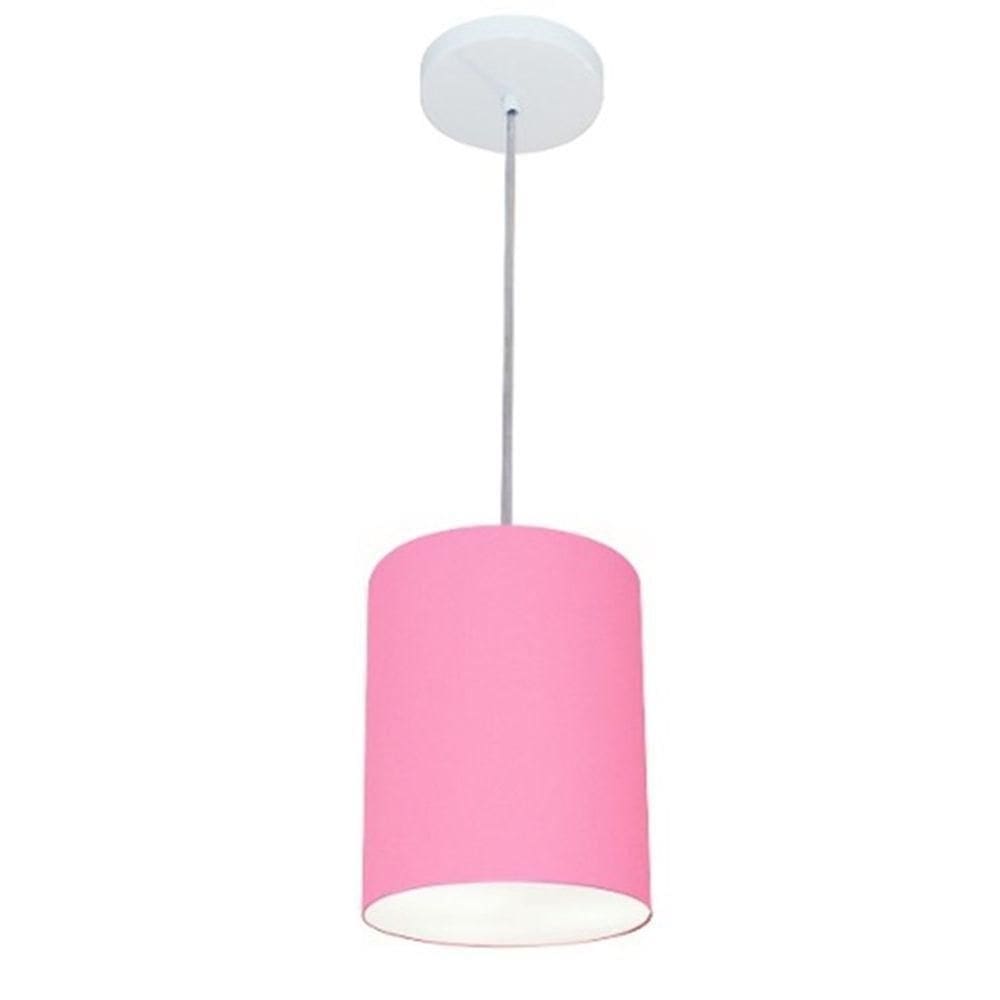 Lustre Pendente Cilíndrico Md-4012 Cúpula Em Tecido 18x25cm Rosa Bebê - Bivolt