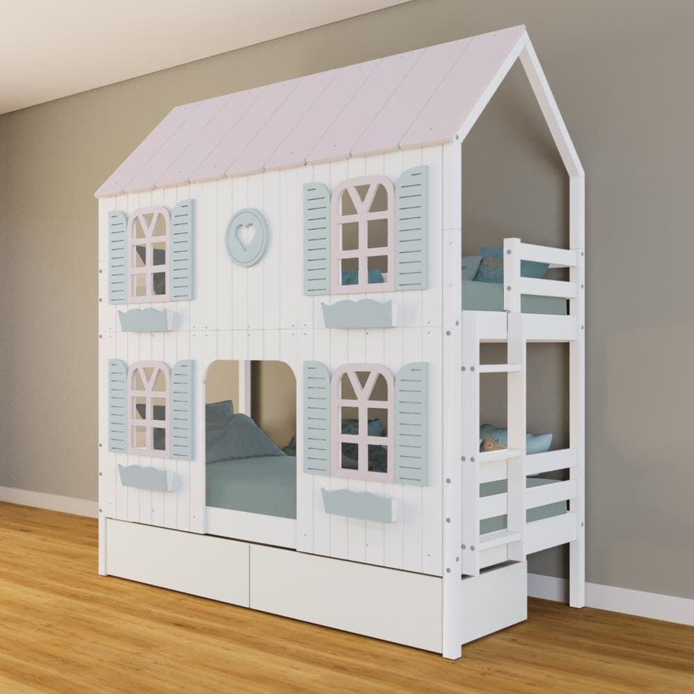 Beliche Casinha Bela com Coração 2 Gavetas 4 Janelas Venezianas - Madeira Maciça Branco/Rosa/Verde | Housin