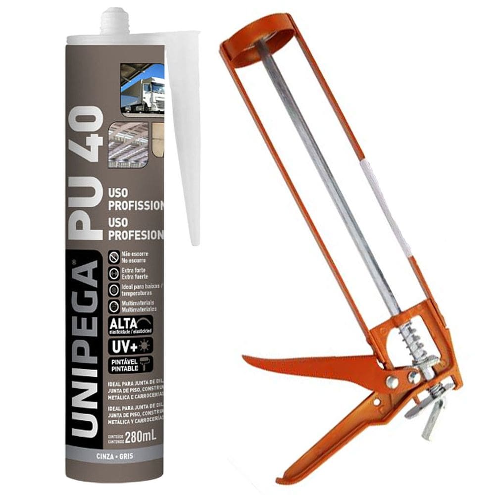 Kit Selante PU40 Unipega Cinza 400g Vedação + Aplicador de Silicone Construção Profissional Veda Cola