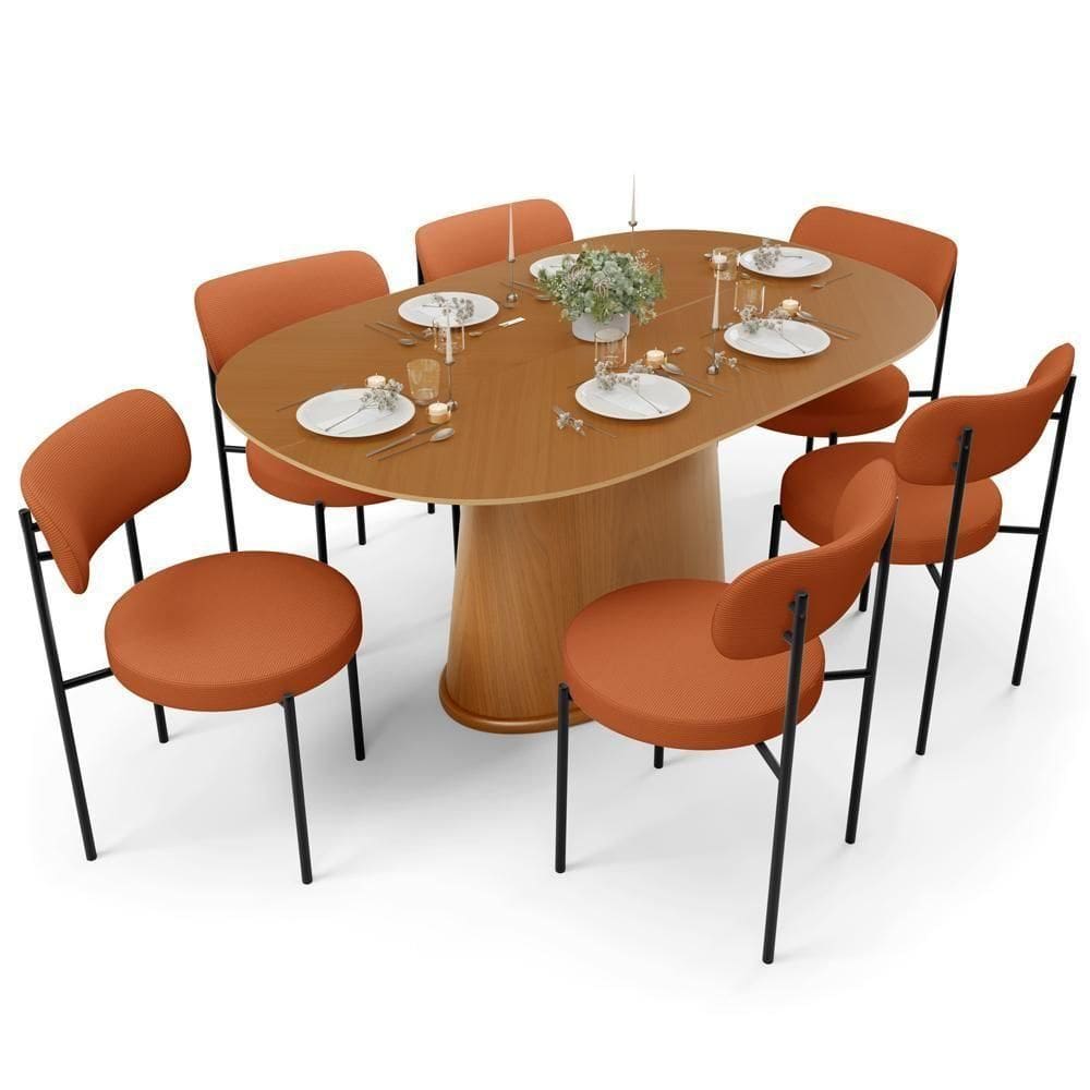 Mesa Para Sala De Jantar Valência Com 06 Cadeiras Sala De Jantar Louise L02 Tecido Terracota - Lyam Decor
