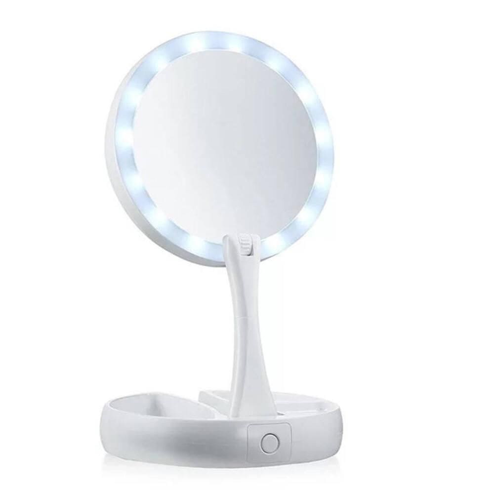 Espelho Maquiagem LED Dupla Face Aumento 10x Iluminado Dobrável