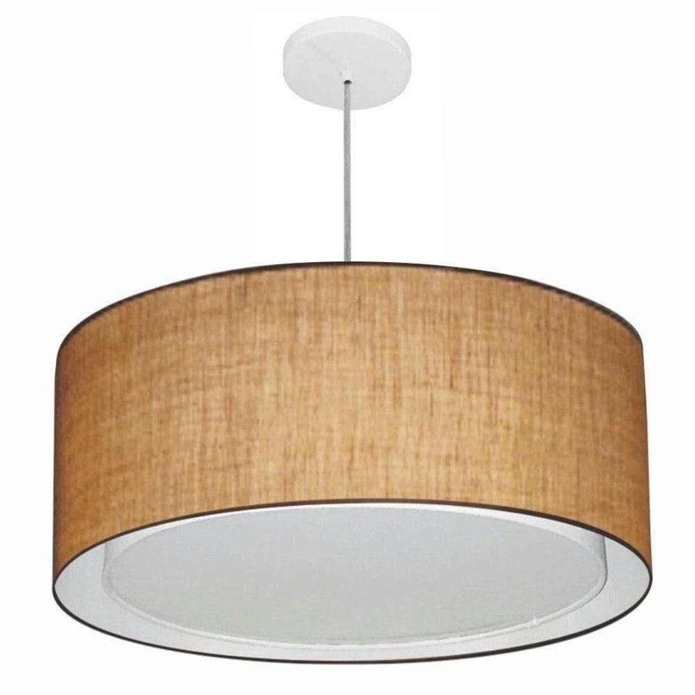Lustre Pendente Cilíndrico Duplo Vivare Md-4291 Cúpula Em Tecido 60x30cm - Bivolt Palha 127/220v