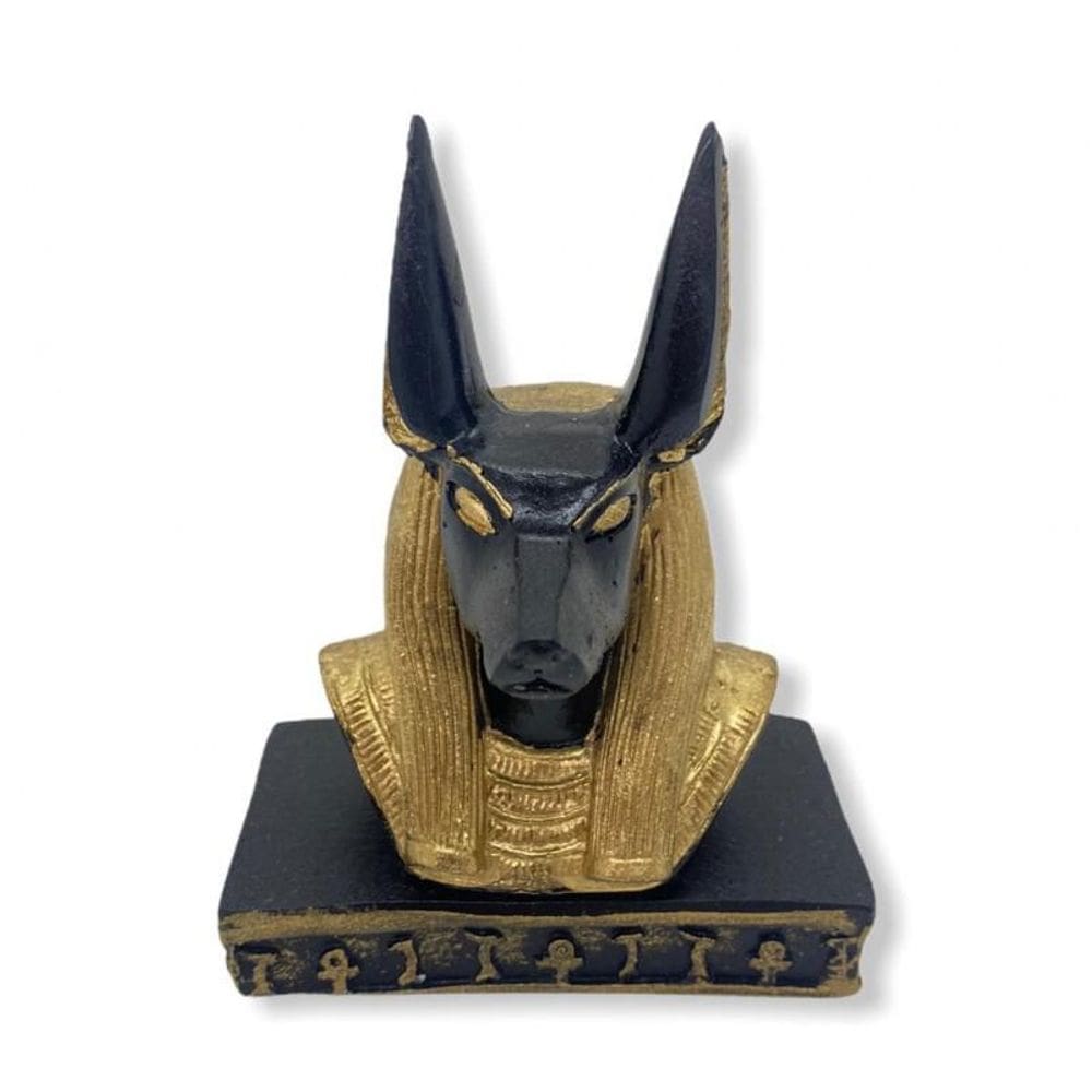 Escultura Egípcia Busto Anubis Preto Dourado em Resina 10 cm