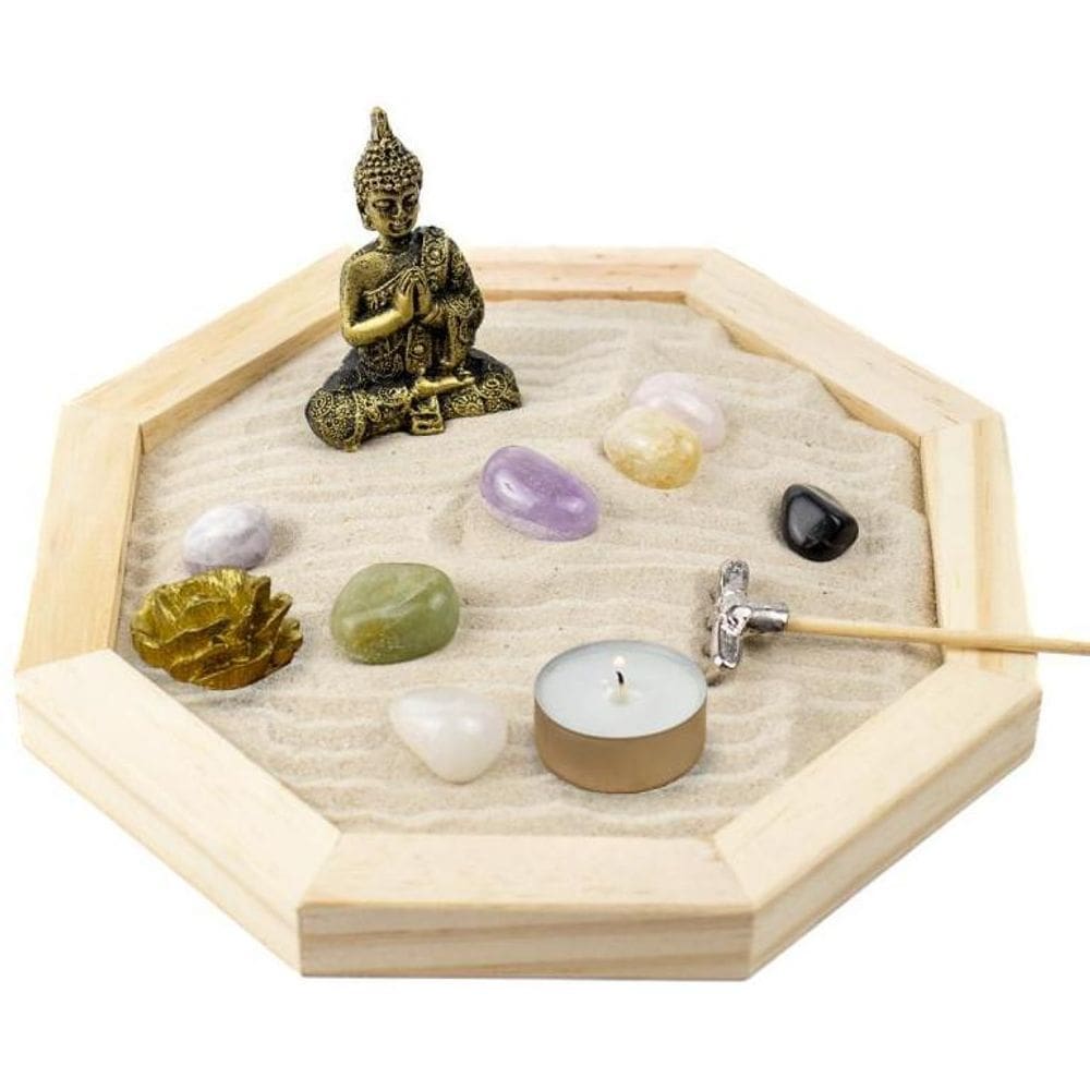 Jardim Zen Completo Buda Feng Shui Madeira Octagonal 18 Cm