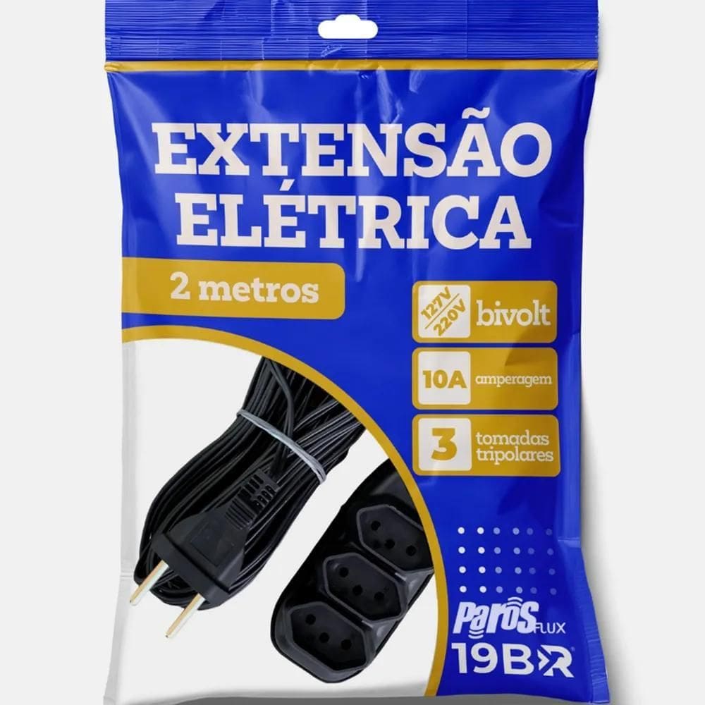 2X Extensão Elétrica 2 Metros Preto 3 Tomada Tripolar