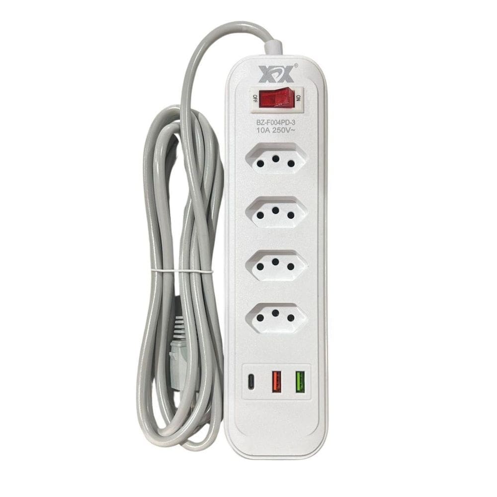 Extensão Com 4 Tomadas + 2 Usb + 1 Tipo C 10A 3 Metros