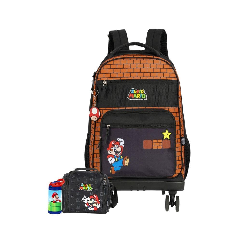 Kit Mochila Rodas + Lancheira + Garrafa Super Mario - Marrom
